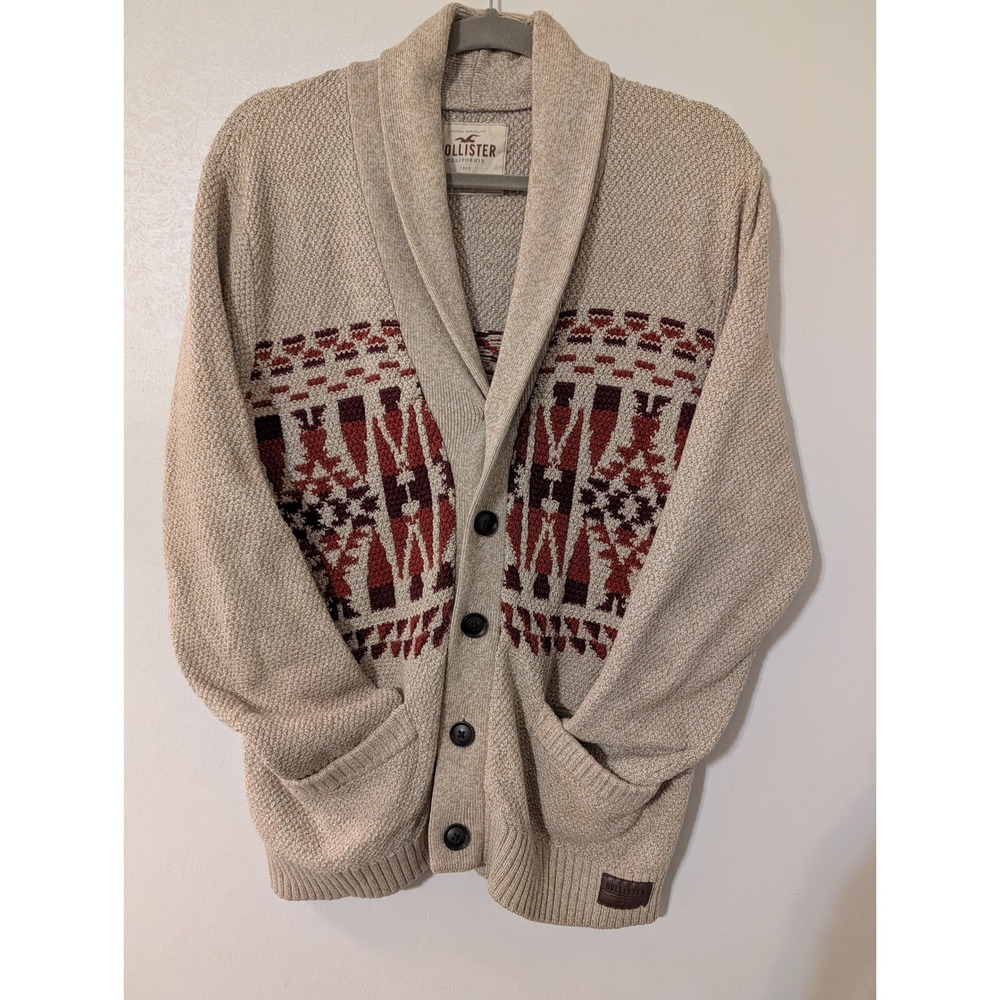 Hollister Mens Shawl Collar Cardigan Sweater Beige Southwestern Pattern Size M